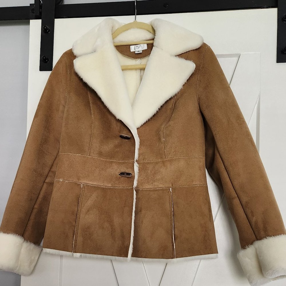 LOFT Tan Shearling-Trim Coat with Cream Fur Collar